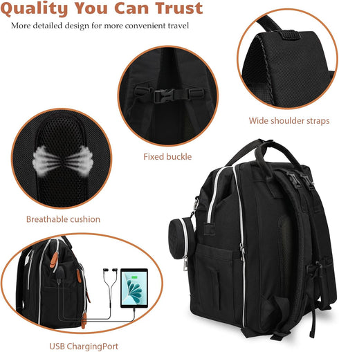 Backpack Diaper Bag for New Parents, Large Capacity Baby Travel Bag with Bottle Holders, Multiple Compartments (Black)