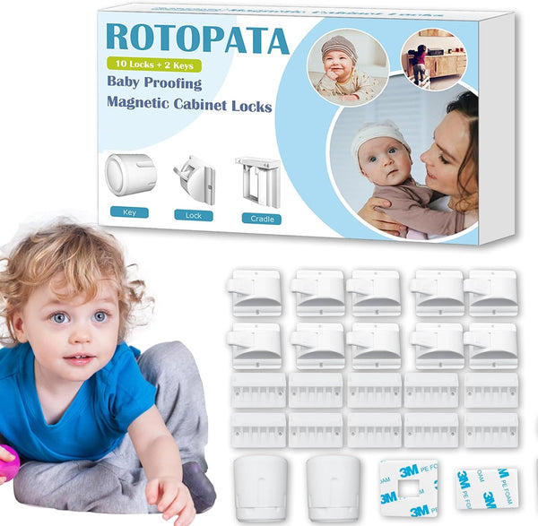 ROTOPATA Magnetic Cabinet Locks for Babies, Baby Proofing Safety Latch for Cabinets Drawers, 10 Locks & 2 Keys