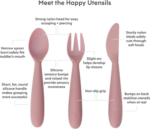 ezpz Happy Utensils - 24 Months+ (Blush) - BPA Free Toddler Utensils - Fork, Spoon and Knife for Toddlers and Preschoolers - Kids Utensils for Self-Feeding Development by ezpz