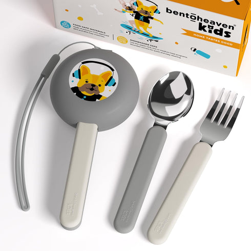 Bentoheaven Kids Travel Utensils with Case, Food-Grade Stainless Steel & BPA-Free Plastic, Reusable Flatware (Bulldog)