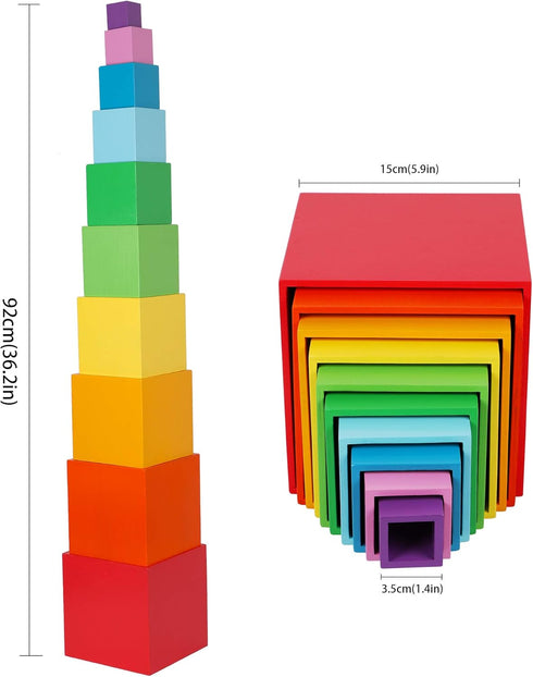 2 TOWO Wooden Stacking Boxes Rainbow Colours-Nesting and Sorting Cups Blocks for Toddlers-Stacking Cubes Educational