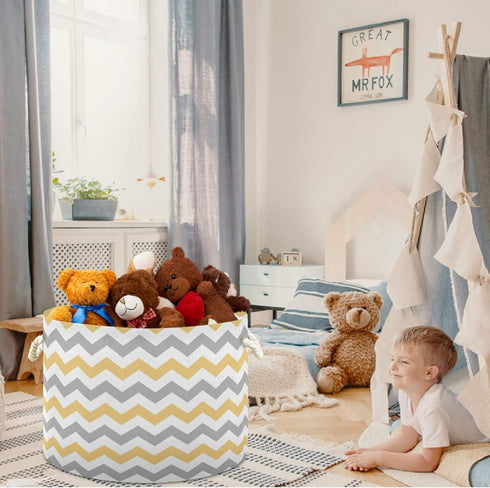 visesunny Grey and Yellow Plaid Chevron Collapsible Basket Storage Bin with Durable Cotton Handles, Home Organizer for