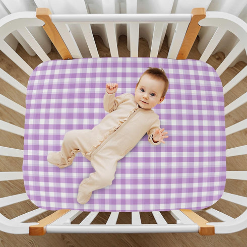 Vdsrup 52 28 9In Crib Sheets for Boys Girl Cute Light Purple Gingham Breathable Mini Crib Mattress Sheets Fitted