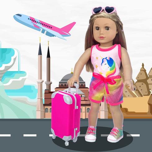 XFEYUE 23 18 inch Set Pcs American Doll Clothes and Accessories - Suitcase Luggage , Pillow, Sunglasses, Camera