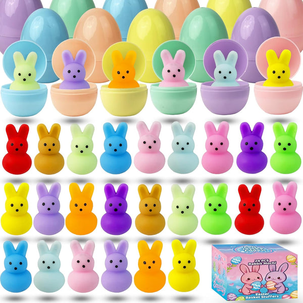 24 Pack Prefilled Easter Eggs with Bunny Mochi Squishy Toys, Filled Easter