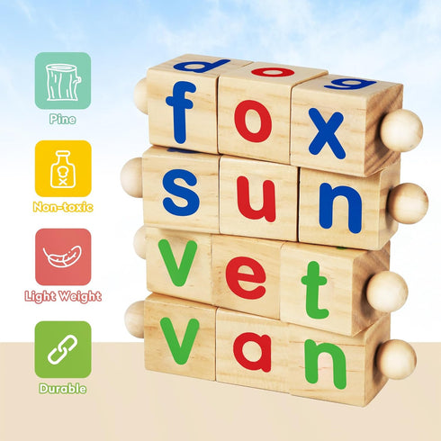 Montessori Learning Toys Gifts for Kids 3-5 Years, Wooden Reading Blocks, Preschool Activities & Flash Card Games