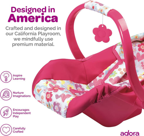Adora Baby Doll Car Seat - Removable Seat Cover, Machine Washable, Fits Dolls & Plush Animals Up To 20” - Pink Flower