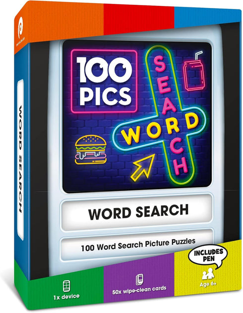 100 PICS Word Search Travel Game - 100 Puzzles with Picture Clues, 50 Wipe Clean Cards, Activity Gift for Kids and