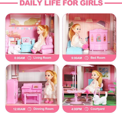 Doll House Set for Girls, Princess House Toys with 4 Dolls and 4-Story 11 Rooms for Kids