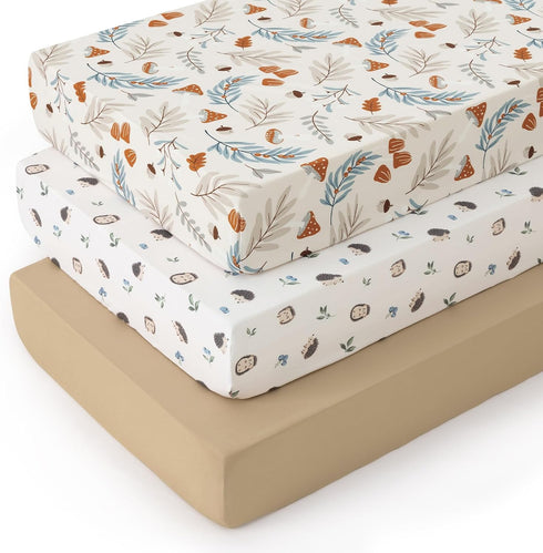 PHF 3 Pack Soft Leaf&Mushroom Crib Sheets Fitted, Comfy Breathable Baby Sheets