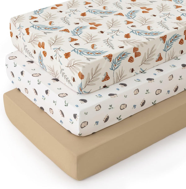 PHF 3 Pack Soft Leaf&Mushroom Crib Sheets Fitted, Comfy Breathable Baby Sheets