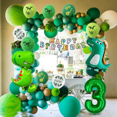Large Dinosaur Foil Balloons and Happy Birthday Banner - Number 3 Balloon for 3rd Birthday Party Decorations