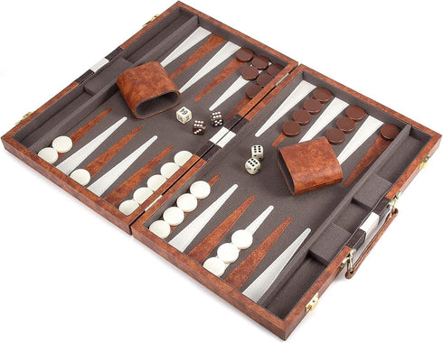 Backgammon Set - 15 Inches Classic Board Game with Leather Case, Portable Travel Strategy Game for Adults and Kids