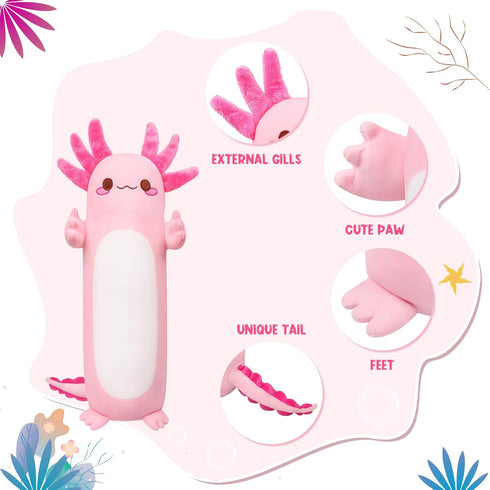 20" Auspicious beginning Cute Axolotl Stuffed Animal Plush Pillow, Soft Kawaii Cat face Pink Axolotl Body Pillow Long