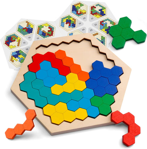 Coogam Wooden Hexagon Puzzle for Kid Adults - Shape Pattern Block Tangram