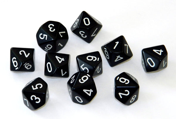 Chessex Dice Sets: Opaque Black with White - d10 Set (10)