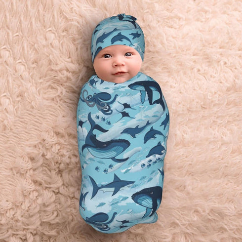 Sea Waves Dolphins Sharks Whale Octopus Newborn Swaddle Blankets Baby Wrap Blanket Soft with Beanie Hat Sets Gifts for Infant Boy Girl by Osvbs
