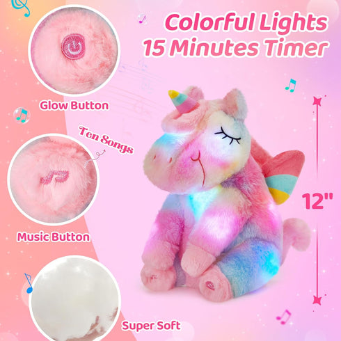 Girls,12'' Athoinsu Rainbow Musical Light up Unicorn Stuffed Animal Soft Furry Plush Toy with LED Night Lights