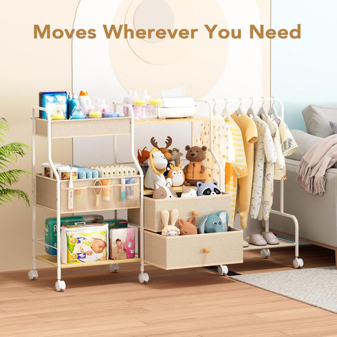 3 BBLIKE Diaper Caddy Organizer with Hanging Rack - Tier Rolling Utility Cart with Drawers and Dividers for Baby Bottle