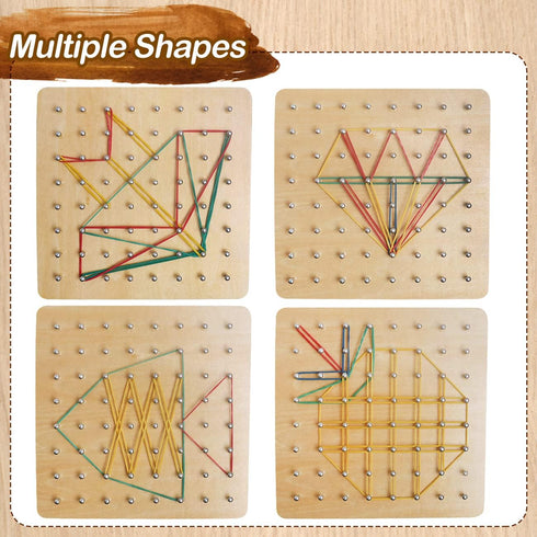 Wooden Geoboard with Rubber Bands, Montessori Educational Toy for Kids, Graphical Math Pattern Blocks & Cards