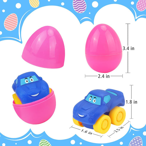 12Pcs Prefilled Easter Eggs with Toy Cars: Filled Easter Eggs with Soft Rubber Car Toys, Easter Basket Stuffers
