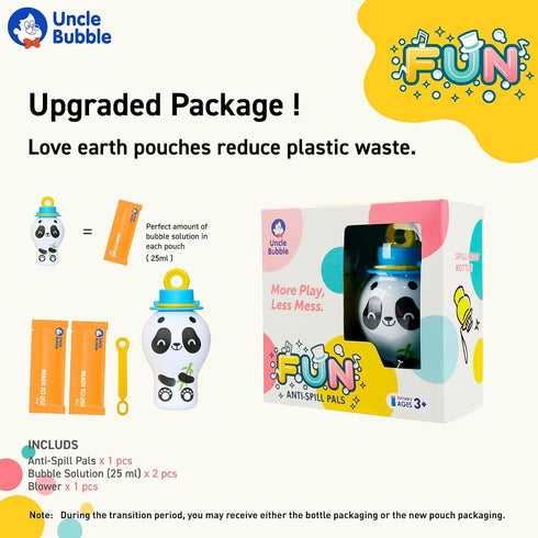 No Spill Bubbles Uncle Bubble Anti-Spill Pals - Set with Panda Bear, Super Solution & 2 Bubble Wands