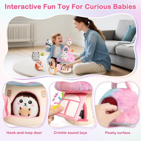 Playset 6 Interactive Plush Mushroom House with Stuffed Animal Toys Soft Sensory Toy for Babies & Toddlers, Montessori