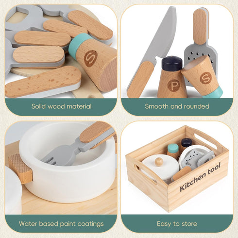 10 Sets, 3+, PCS Wooden Play Kitchen Toys Utensils Accessories, Pretend Play Pots and Pans Montessori Cooking Learning