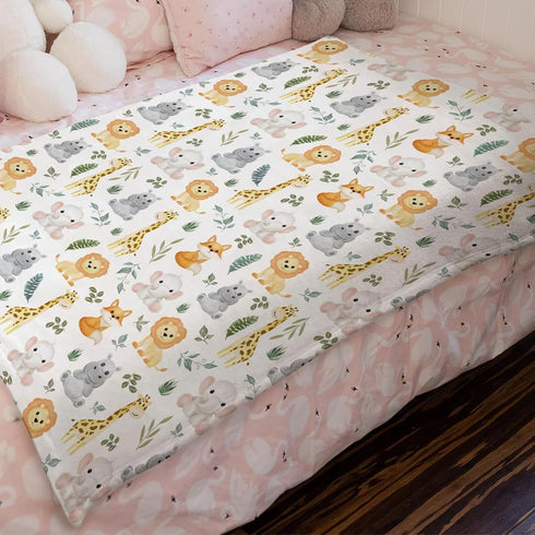 Jungle Safari Animals Baby Blanket for Boy Girl - Flannel Swaddle Blanket with Elephant Lion Giraffe Hippo Fox 30x40