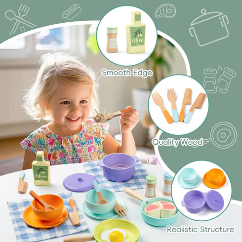 Sets Sets, 3 4 5 Wooden Kitchen Toys for Toddlers, Montessori Pretend Play Kitchen Accessories, Play Food for Kids