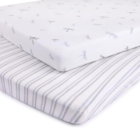 Pack Set Changing Pad Cover and n Play Sheet Bundle (Blue Dragonflies + Stripes Collection)