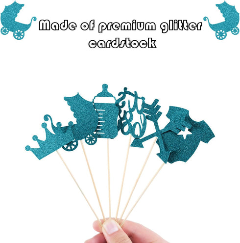 Boao 48 Pieces Glitter Cupcake Toppers for Baby Shower - It's a Boy Jumpsuit, Bodysuit, Carriage, Crown, Arrow Picks