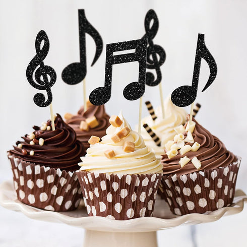 24Pcs Gyufise Music Notes Cupcake Toppers Black Glitter Musical Symbol Cupcake Picks for Rock Music Concert Theme Baby