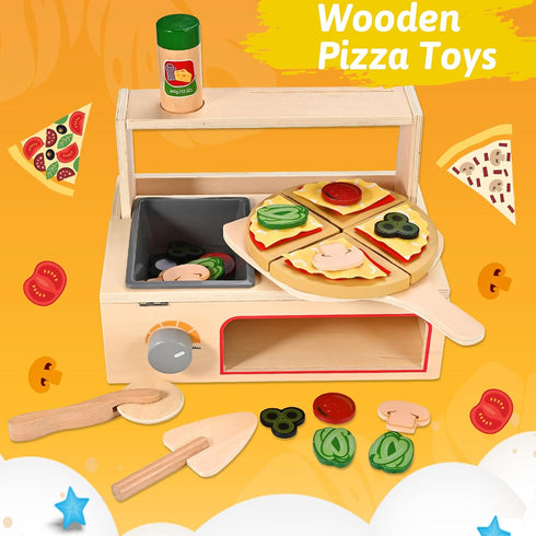 Counter Playset 3+ Wooden Pizza Toy, Wooden Pizza with Bake Oven, Montessori Pretend Play Toys, Play Food
