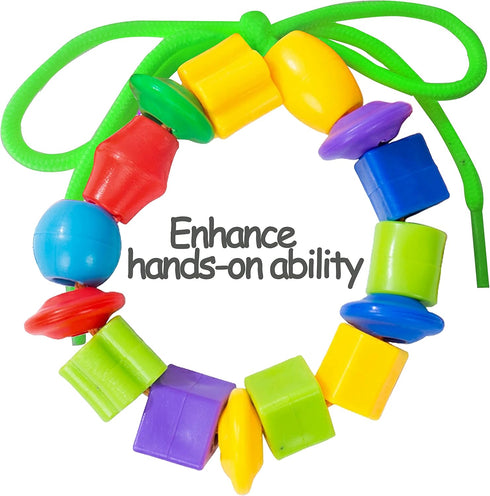 Plastic Lacing Beads for Kids (70 pcs) - Fun Shapes, Long String, Brilliant Colors, Educational Fine Motor Toys