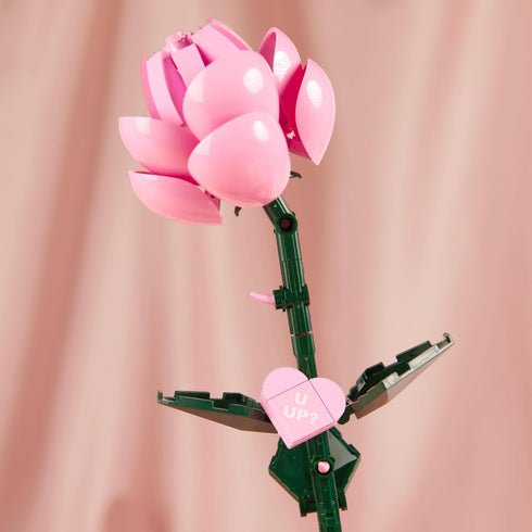 Set, 102 18 Inch 8+ Brickcraft Bricktanicals Pink Long Stem Rose Building Pieces, Buildable Flower, Romantic Valentines