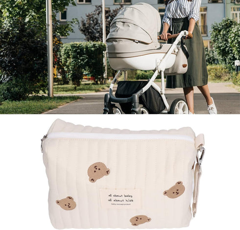 Outdoor Diaper Bag, Convenient Cotton Cloth Large Capacity Diaper Storage Bag Multifunctional Reusable Portable for Travel for Mother(Bear embroidery)
