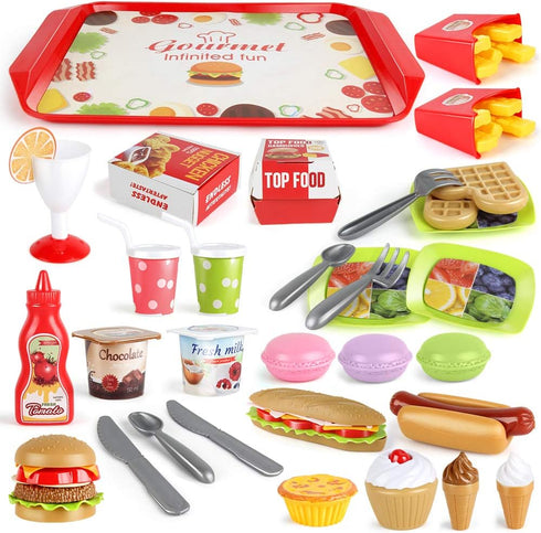 Fast Food Set - 59 PCS Kitchen Toy Set for Pretend Play, Removable Food Toys, Party Favor Stocking Stuffers