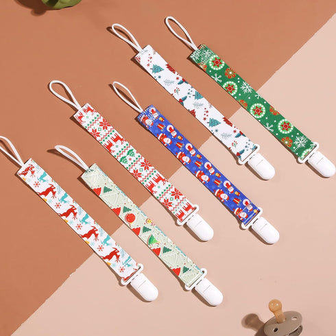 Christmas Pacifier Clips, 6 Pack Binkie Paci Holder for Most Pacifiers, Teethers & Toys, Xmas Gift (Snowman, Snowflake)