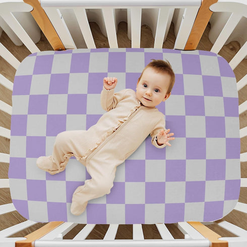 Pigsaly 27x39 Inch Crib Sheets Purple Gray Checkered Baby Sheet for Standard Crib Mattress Boys Girls Toddler Bed