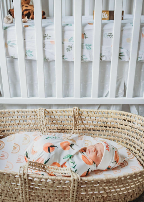 Set Baby Girl Peach Design Swaddle Blanket and Hat with Custom Name Embroidery (Newborn)