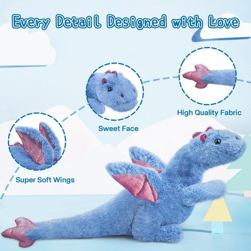 5Lbs 35.4", Weighted Stuffed Animal Heavy Soft Dragon Plush Toy, Blue Weighted Dragon Stuffed Animal for Kids