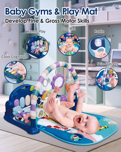 Dearlomum Baby Play Mat Baby Gym, Funny Play Piano Tummy Time Activity Mat with 5 Sensory Toys