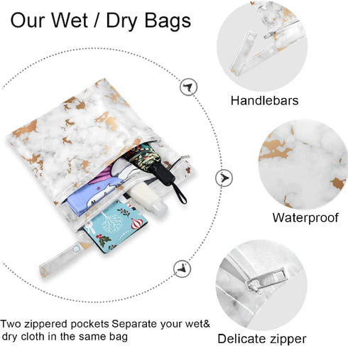 visesunny 2Pcs White Marble with Gold Texture Modern Wet Bag with Zippered Pockets Washable Reusable Roomy
