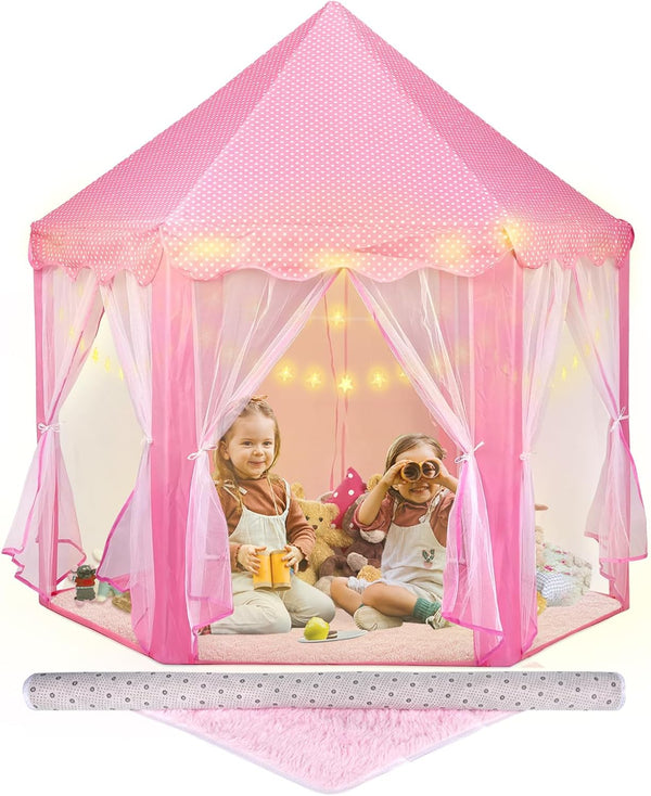 Princess Tent with Rug & LED Star Lights, Large Playhouse for Girls Kids, Indoor Outdoor Games, 140*135cm