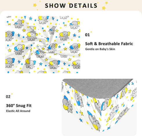 miaozhen 1 Pack 52x28 Cotton Crib Sheets for Baby Boys Girls Soft Stretchy Cartoon Elephants Blue and Yellow Toddler