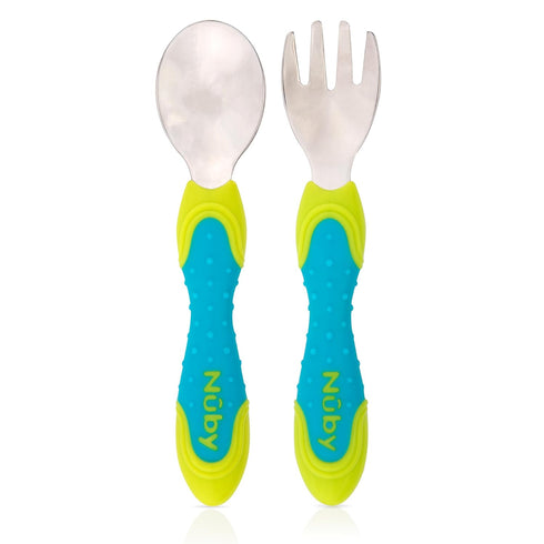 Nuby 2 Piece Stainless Steel Utensil Set, Blue/Green, 2 Count