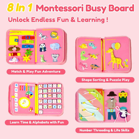 Qizfun Toddler Busy Board Montessori Toys Sensory Busy Book, Educational Learning Travel Toy for Airplane & Car, Keeps