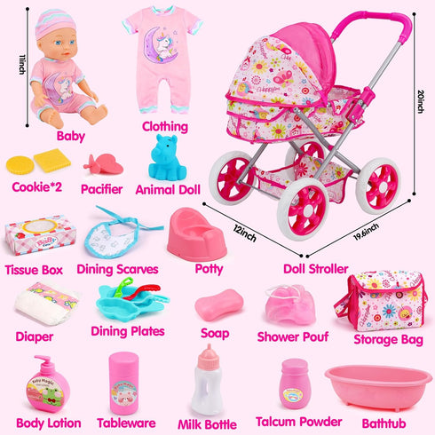 Set 3-5 4-6 5-7, Playset 11" 20PCS 2 3 4 5 Baby Doll Stroller Toys for Girls Toddlers Baby Doll with Doll, Bathtub