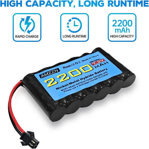 7.2V 2200mAh AA NiMH Battery with SM-2P Plug and USB Charging Cable for Huina 1550 550 RC Excavator, Car, Truck